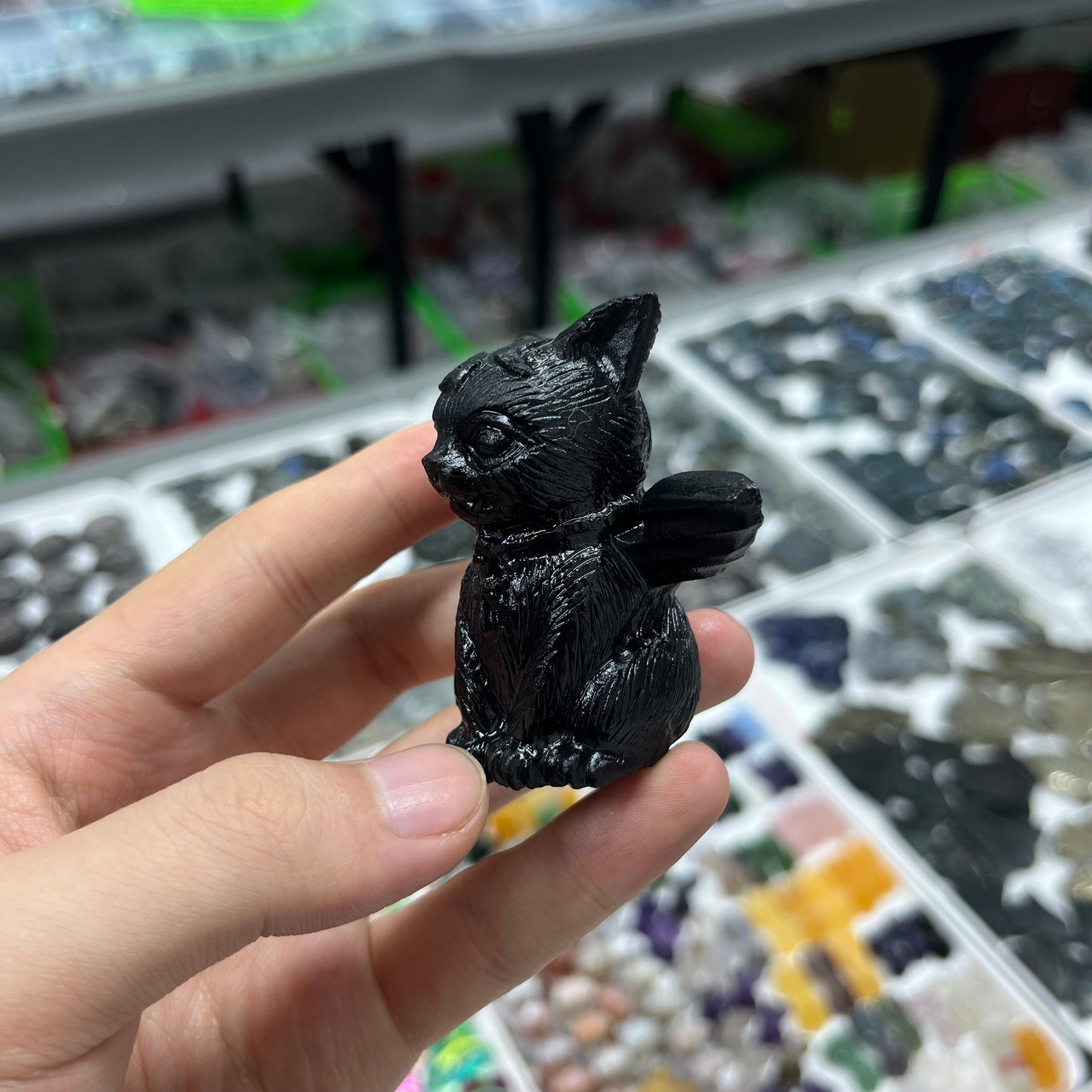 Black obsidian handmade cat with bat wing