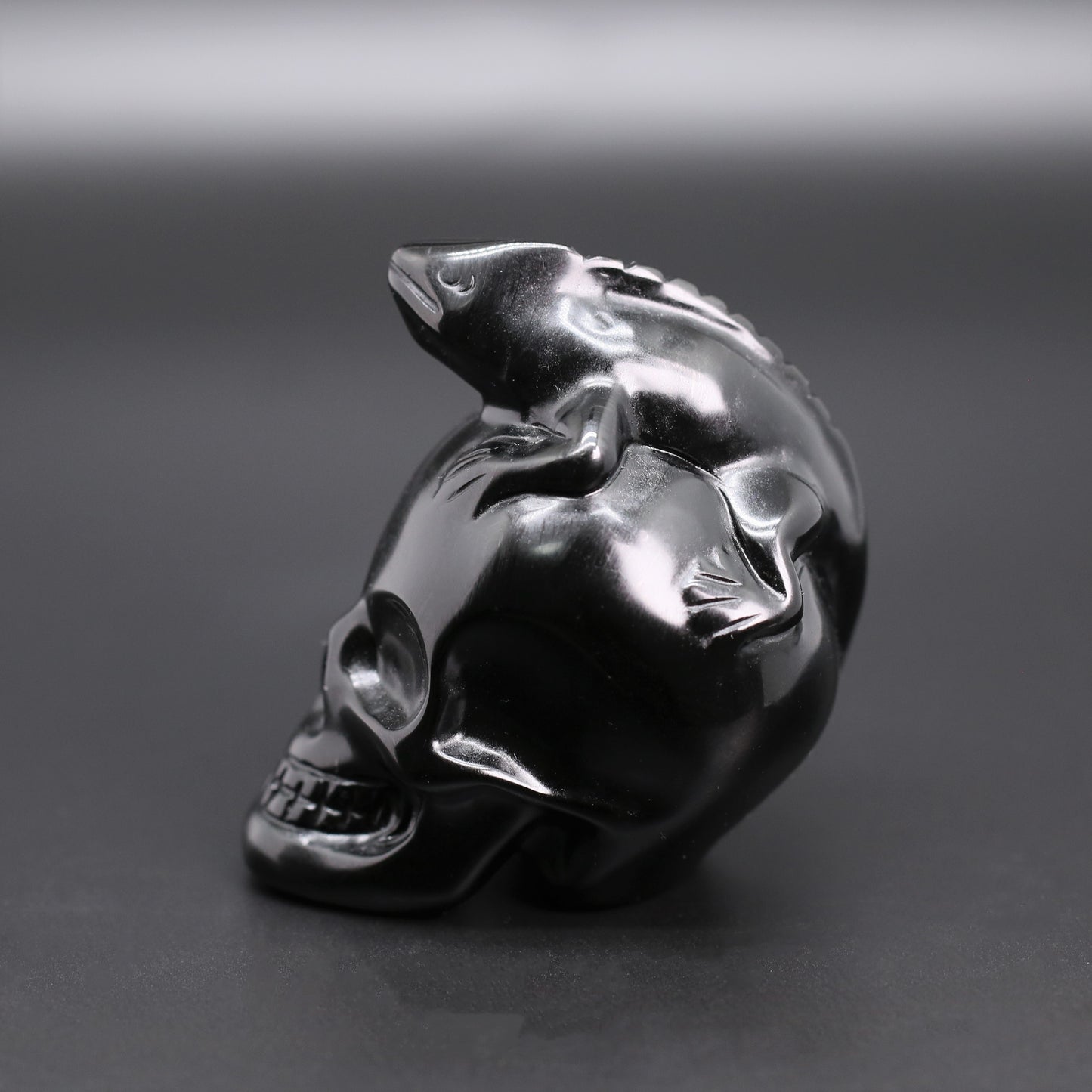 Obsidian skull with iguana