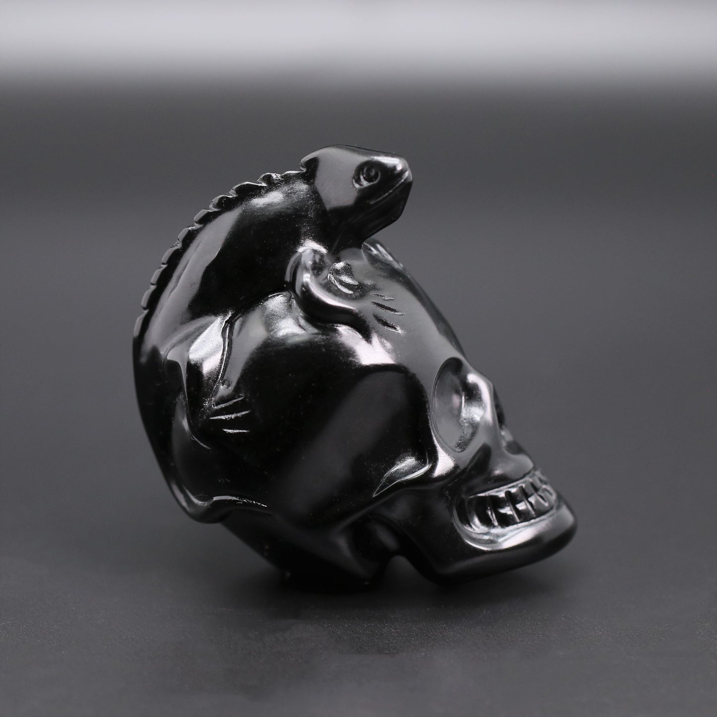 Obsidian skull with iguana